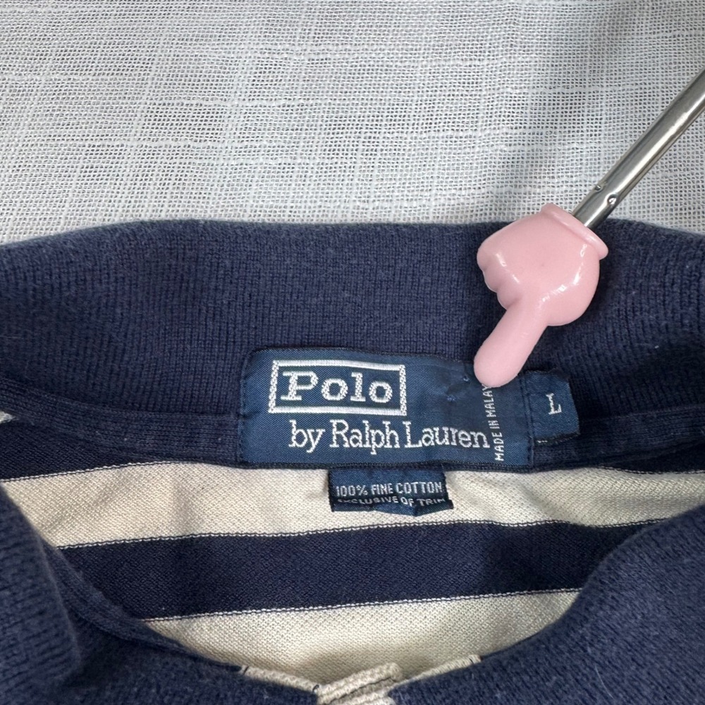 Polo Ralph Lauren Polo Shirt Men L Navy Stripe Short Sleeve Pique Preppy Classic - Picture 4 of 12